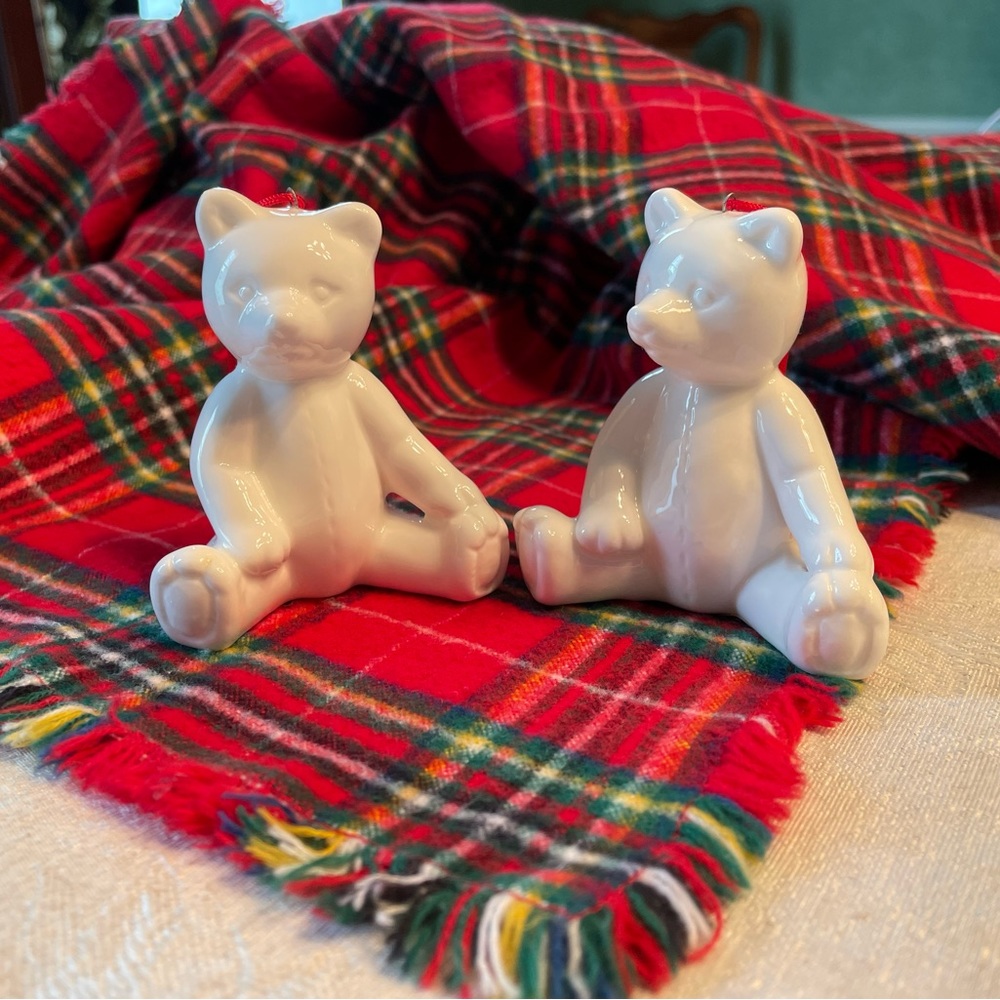 Twin Bear ornaments, 2 glossy white porcelain bears, 3” tall x 2.5 wide